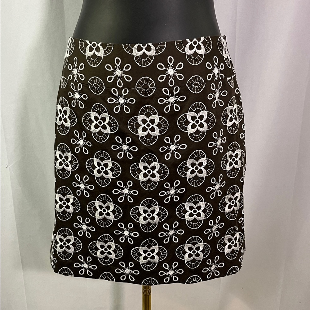 LOFT Brown & White Embroidered Floral Print Sleeve A-Line Cotton Skirt